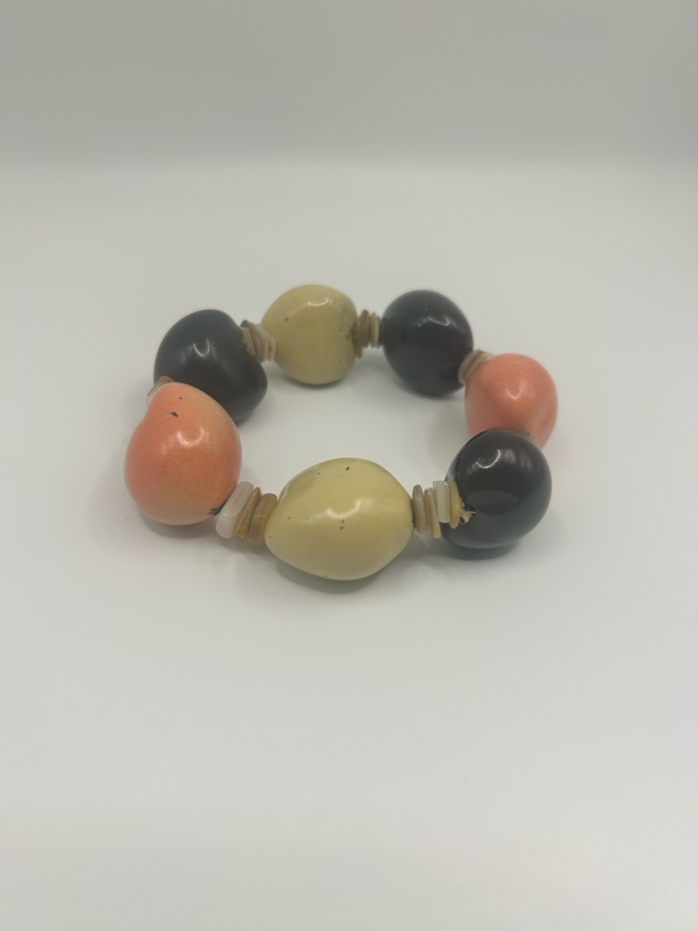 Vintage Chunky Bead Stretch Bracelet in Coral, Cream & Dark Brown